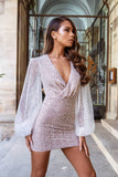 LTP1811,Fashion Sequins Beaded Lantern Sleeves V Neck Bodycon Sexy Homecoming HZ0307