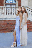 LTP1028,Sparkly Mermaid V Neck Straps Sequins Blue Prom Dress,Glitter Slit Evening HZ0307