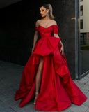 Illusion Red Satin Off The Shoulder Prom Dress With Side HZ0307