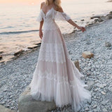 Sweet White Lace Champagne Lining Tulle Wedding Dresses, Spaghetti Straps Off The Shoulder Bohemia Wedding HZ0307
