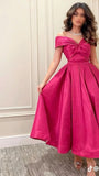 Off The Shoulder Preppy Prom Dress, Fuchsia Bowknot Top Satin Prom Dress, Discount 68% HZ0307