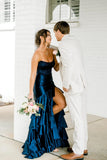 Royal Blue Mermaid Strapless Appliques Ruffle Prom Dress with HZ0307