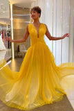 LTP1613,Sexy Yellow Tulle V-Neck Long Prom Evening HZ0307