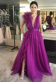 LTP1225,Deep V-Neck Sexy Prom Dresses,Purple Tulle A-Line Evening Party HZ0307
