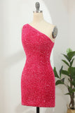 One Shoulder Open Back Sequin Hot Pink Homecoming HZ0307