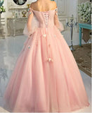 LTP1016,Long Sleeve Prom Dresses, Pearl Pink Ball Gown Long Floral Fairy Prom HZ0307