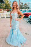 Light Blue Spaghetti Straps Mermaid Applique Long Evening Prom HZ0307