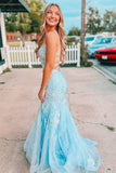 Light Blue Spaghetti Straps Mermaid Applique Long Evening Prom HZ0307