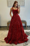 Red Sequin Square Neck A-line Prom HZ0307