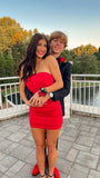 LTP1860,Red Strapless Pleated Mini Homecoming Dresses, Short Sleeveless Graduation HZ0307