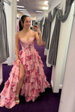 Floral Pink Sweetheart Ruffle A-line Prom Dress with HZ0307