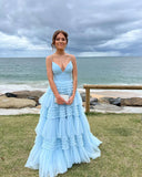 LTP1230,Charming A Line V Neck Light Blue Tulle Long Prom HZ0307