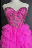 LTP1614,Princess Hot Pink Beaded Sweetheart Tulle Prom Dresses With Ruffles HZ0307