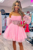 A-Line Pink Strapless Tulle Homecoming Dress with Puffy Sleeves, HZ0307