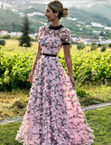 LTP1726,A-Line Round Neckline Short Sleeves 3D Floral Long Prom HZ0307