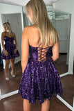 A-Line Spaghetti Straps Purple Sequined Homecoming Dresses, HZ0307