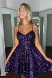 A-Line Spaghetti Straps Purple Sequined Homecoming Dresses, HZ0307