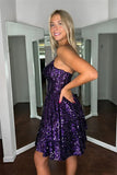 A-Line Spaghetti Straps Purple Sequined Homecoming Dresses, HZ0307