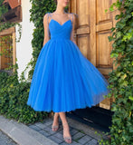 LTP1269,Princess Blue Pleated A-Line Tulle Prom Evening Dresses, Tea Length Homecoming Graduation HZ0307