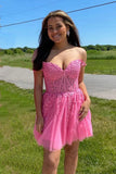 LTP1508,Pink homecoming dresses,off the shoulder homecoming dress,beaded short HZ0307