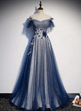 Navy Blue tulle long prom dress blue evening HZ0307