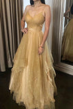 Gold Champagne Tulle Spaghetti Straps V Neck Open Back Long Prom HZ0307