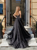LTP1254,Glitter Black A-Line Prom Dresses,V-Neck Evening Formal HZ0307