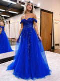 Royal Blue Off The Shoulder A-Line Beaded Appliques Evening Party Dress, Tulle Long Prom HZ0307