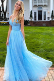 LTP1200,A Line V Neck Light Blue Long Prom Dresses with Star Sequins,Light Blue Formal Evening HZ0307