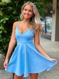 LTP1273,Cute A-Line Blue Satin Homecoming Dresses,V-Neck Formal Prom HZ0307