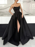 LTP1586,Black Strapless Satin A-Line Long Prom Formal Gown,Split Evening HZ0307