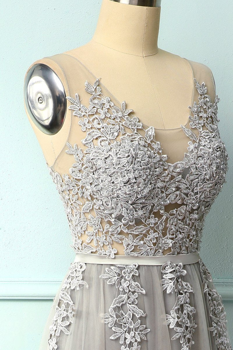 A-line Grey Tulle and Lace Long Formal HZ0307