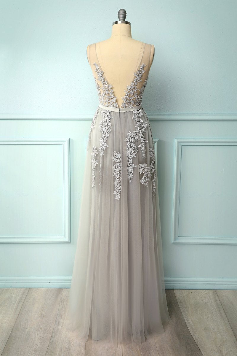 A-line Grey Tulle and Lace Long Formal HZ0307