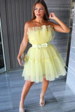 LTP1423,Simple A line Yellow Tulle Strapless Short Prom Dress, Homecoming HZ0307