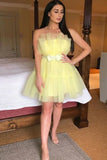 LTP1423,Simple A line Yellow Tulle Strapless Short Prom Dress, Homecoming HZ0307