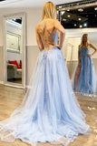 LTP0863,Charming light blue lace prom dress applique tulle prom dresses with side HZ0307
