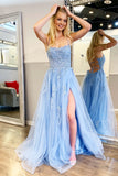 LTP0863,Charming light blue lace prom dress applique tulle prom dresses with side HZ0307