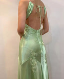 Apple Green Mermaid Long Prom Dresses Appliques Satin Evening HZ0307