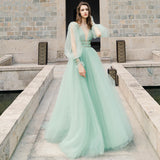 LTP1518,Mint Green Long Prom Dresses,V-Neck Tulle Evening Formal HZ0307