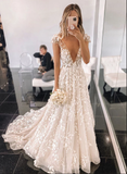 Stylish v neck tulle applique long prom HZ0307