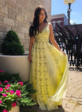 Yellow Tulle V Neck Spaghetti Straps Long Prom Dress With Lace HZ0307