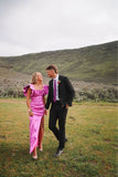 LTP1662,Hot Pink Satin Long Prom Evening Dresses,Side Slit Evening HZ0307