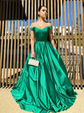 Off The Shoulder Green A-Line Satin Prom HZ0307