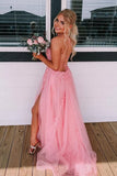 LTP1501,Charming pink lace tulle prom dresses long homecoming dresses formal dress with side HZ0307