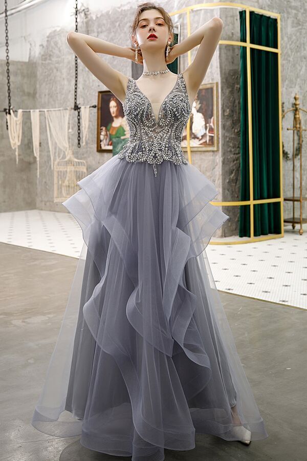 Stunning A-line Navy Blue Tiered Long Formal HZ0307