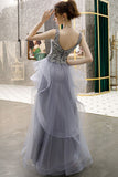 Stunning A-line Navy Blue Tiered Long Formal HZ0307