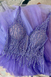 Beaded Purple Tulle A-line Long Formal HZ0307