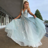 LTP0930,A-Line V-Neck Spaghetti Straps Light Blue Prom Dresses,Long Formal Dresses With HZ0307