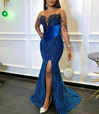 Black Girls Applique Beaded Prom Dress Mermaid Velvet Dresses With Side HZ0307