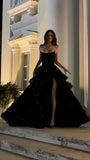 Black Sequin Ruffle Prom Dresses Strapless Evening Party HZ0307